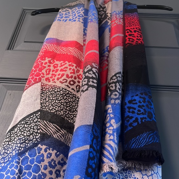 Sky Cashmere Scarf, Red, Blue, Black, and Tan - Picture 4 of 5